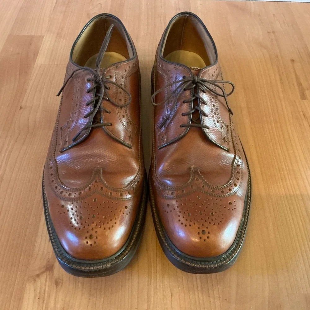 Vintage Nettleton Longwing Brogue Derby Shoes Brown Pebbled Leather Mens 12 AA/B